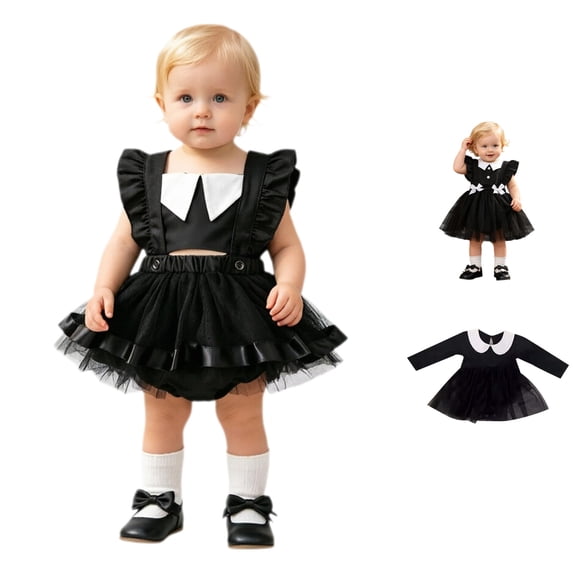 AWZXDE Toddler Girl Halloween Black Tutu Dress Collar Ruffle Sleeve Bow Baby Party Outfit Black-2 - 12-18 Months