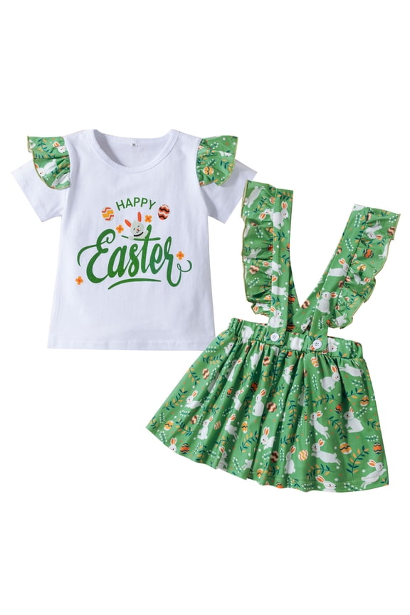 Toddler Girls Easter Bunny Print Playful Short Sleeve Top and Suspenders Skirt Coordinated Set Easter Outfit Girl Green,2-3 Years