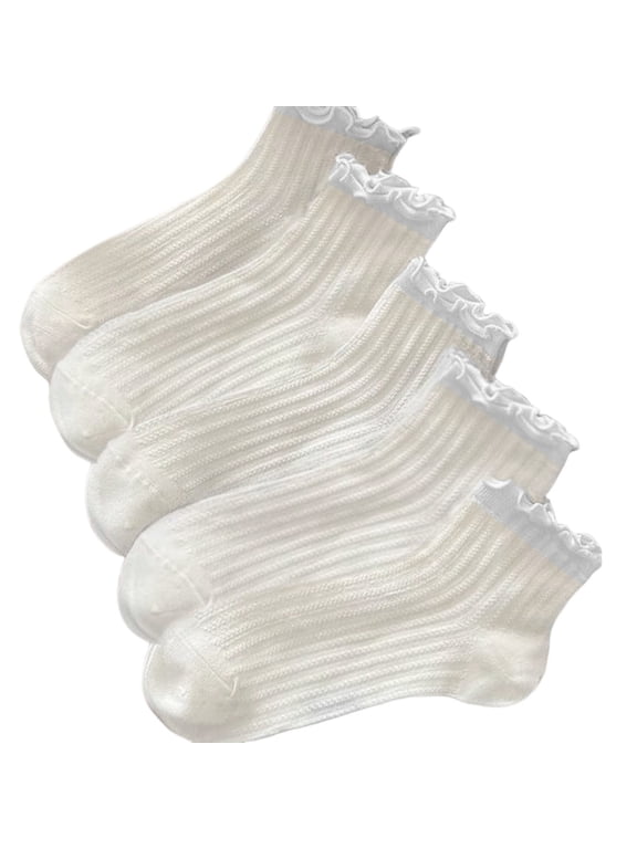 Toddler Girls Off‑White Ruffled Mesh Crew Socks 5 Pack with vertical ribbed knit lightweight breathable casual socks for little girls for hot summer dress and daily outfits White - 9-12 Years