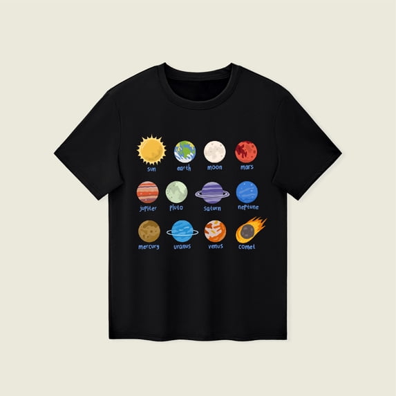 AWZXDE Toddler Kids Summer T Shirt Planet Space Printed Boys Girls Casual Short Sleeved Crew Neck Tee Top Comfortable For Play Black,3-4 Years