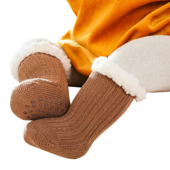 AWZXDE Toddler Winter Socks Thick Warm Grip Floor Socks for Babies and Kids - Solid Color Cozy for Cold Weather Coffee