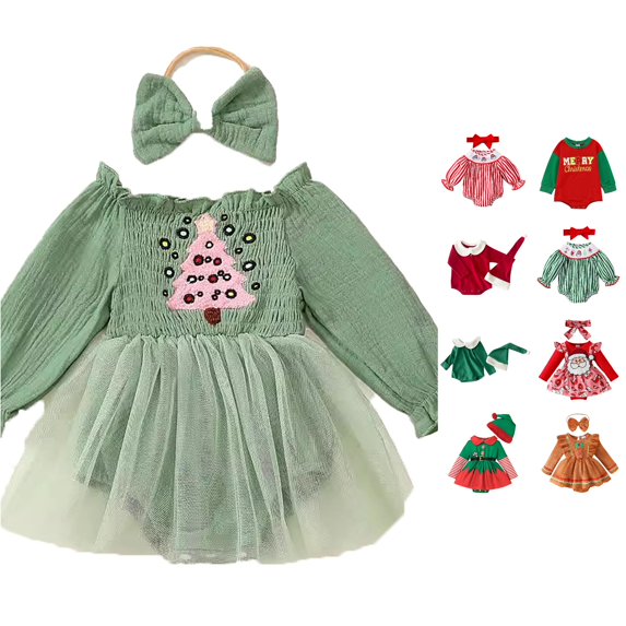 AWZXDE Toddlers Girl Dress Long Sleeve Christmas Outfit Set With Matching Festive Hat For Holiday Party Events d-Green - 6-9 Months