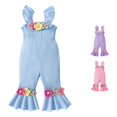 thumbnail image 1 of AWZXDE Toddlers Girl Outfit Ruffle Shoulder Knit Jumpsuit Little Girls Clothes 3D Floral Emished Bottom Romper Blue - 18-24 Months, 1 of 4