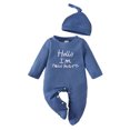 thumbnail image 1 of AWZXDE Toddlers Girl Outfits Knit Footed Long Sleeve Romper With Matching Knot Hat Embroidered Letter Crew Neck Snap Crotch 2 Casual Daily Wear Set Blue - 3-6 Months, 1 of 7