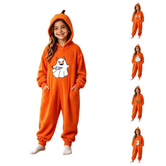 AWZXDE Toddlers girl halloween Girls Jumpsuits Hooded Rompers Cartoon‑ Graphic Zip‑Up Side Pockets Elastics Halloween Trick‑Or‑ Holiday Outfits Black - 4-5 Years