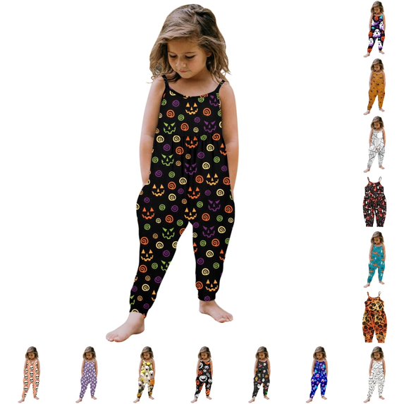 AWZXDE Toddlers girl halloween Girls Jumpsuits Rompers For Girls Spaghetti Strap Jogger Harem Pants Pumpkin Bat Allover Print Side Pockets Halloween Holiday Outfits Blue - 5-6Years
