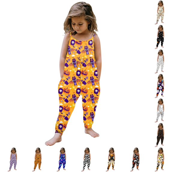 AWZXDE Toddlers girl halloween Girls Jumpsuits Rompers For Girls Spaghetti Strap Jogger Harem Pants Pumpkin Bat Allover Print Side Pockets Halloween Holiday Outfits Blue - 2-3 Years