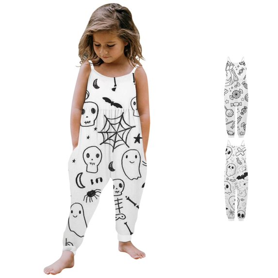 AWZXDE Toddlers girl halloween Girls Jumpsuits Rompers For Girls Spaghetti Strap Jogger Jumpsuit Hand Drawn Bat Print Elastic Side Pockets Halloween Holiday Outfits Bronze - 1-2Years