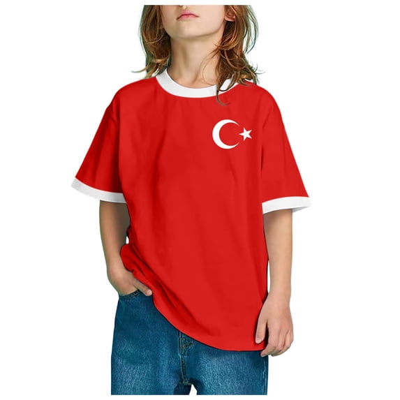 AWZXDE Turkish Flag Graphic Boys Short Sleeve Tee Fashion Round Neck Casual Top For Children Brick Red,12-13 Years