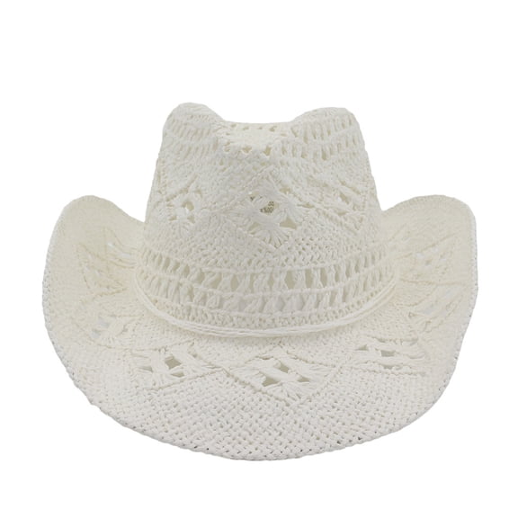 AWZXDE Unisex Cowboy Style Braided Straw Wide Brim Sun Hat for Couples Outdoor Beach Travel Festival White