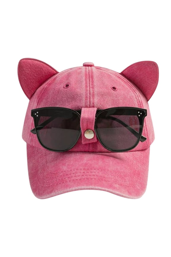Unisex Cute and Fashionable Baseball Cap with Cat Ear and Glasses Design Solid Color Womens Baseball Caps Style for Happy and Outdoor Wear Hot Pink,One Size