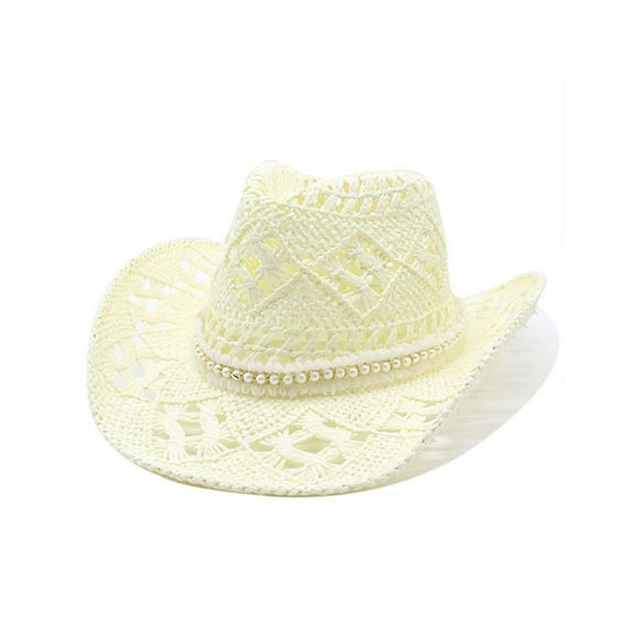 AWZXDE Unisex Fashion Casual Hand Braided Denim Straw Hat With Cutout Details and a Wide Brim Packable Sun Hat For Summer Outdoor Wear and Western Style Light Yellow,One Size