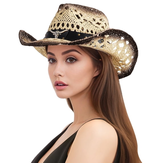 AWZXDE Unisex Hand Woven Hollowed Out Straw Summer Hat Western Raffia Cowboy Style Sun Cap