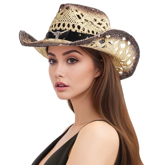 AWZXDE Unisex Hand Woven Hollowed Out Straw Summer Hat Western Raffia Cowboy Style Sun Cap
