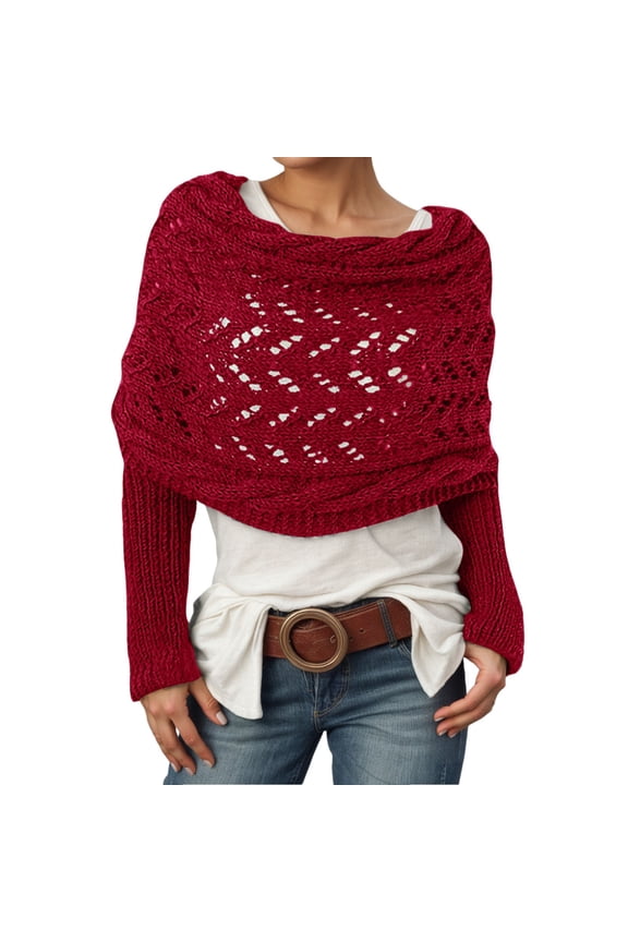 Unisex Long Sleeve Knit Poncho Shawl with Openwork Pattern, Thick Warm Cardigan Scarf for Men and Women, Oversized Wrap for Fall and Winter Outdoor Red