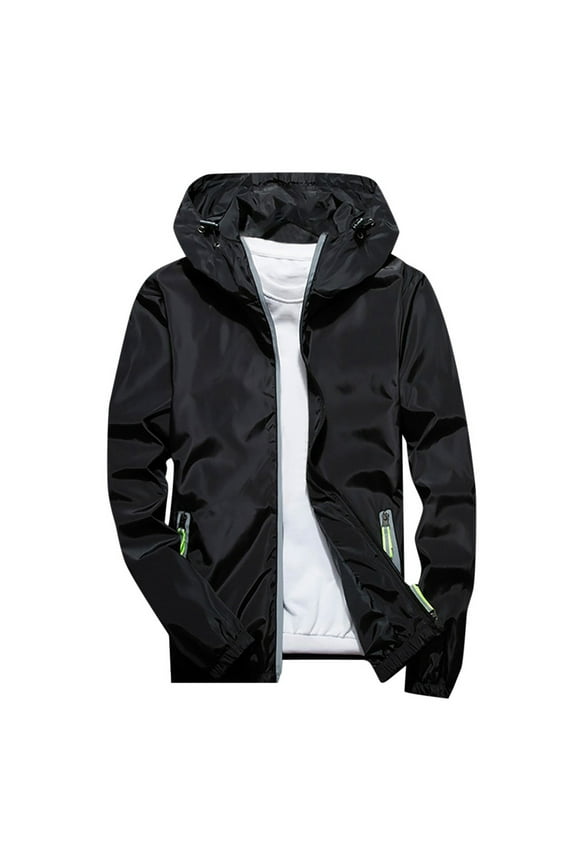 Unisex Solid Color Casual Plus Size Coats Reflective Zipper Outdoor Sport Jacket for Women Simple with Hood Pockets Windproof for Running and Fall Coats Season Black,XXXXXXXL