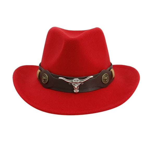 AWZXDE Unisex Solid Color Western Cowboy Hat, Ethnic Style Fedora for Men and Women Red,One Size