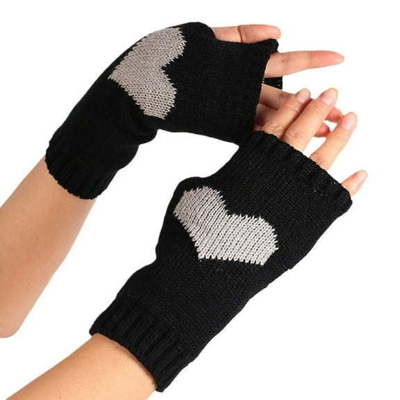 AWZXDE Warm Knit Gloves for Women with Heart Pattern - Stylish Half Finger Design for Comfort and Functionality Black,A