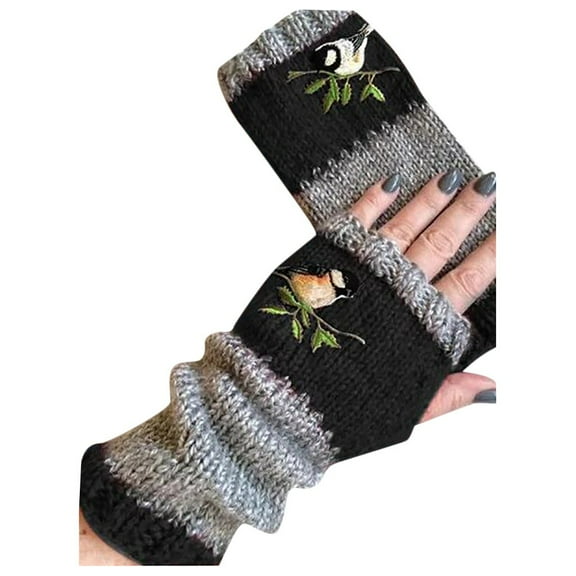 AWZXDE Warm Knit Women Gloves for Outdoor Winter Activities Plus Size Velvet Embroidered Design Cozy and Stylish Mittens for Cold Weather Black,One Size