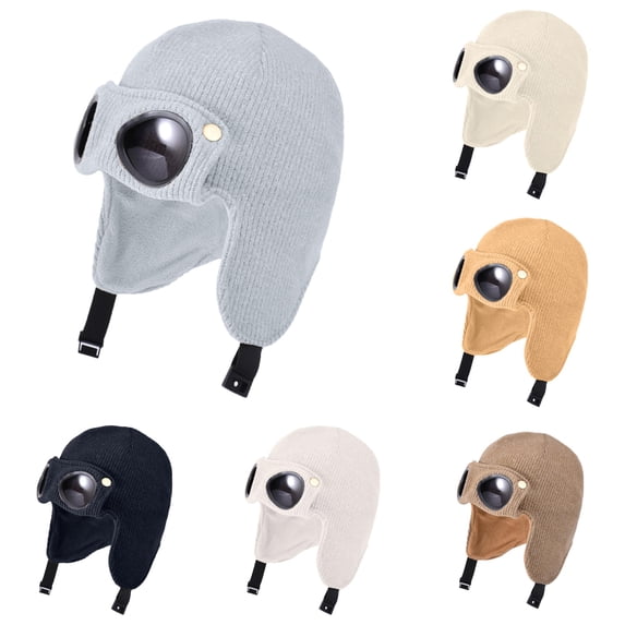 AWZXDE Windproof Lined Knitted Flight Winter Hood Cap With Goggles For Kids Outdoor Warm Wear