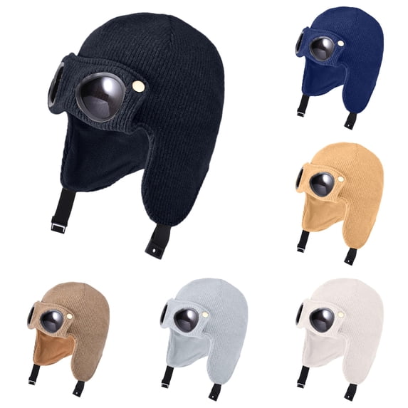 AWZXDE Windproof Lined Knitted Flight Winter Hood Cap With Goggles For Kids Outdoor Warm Wear