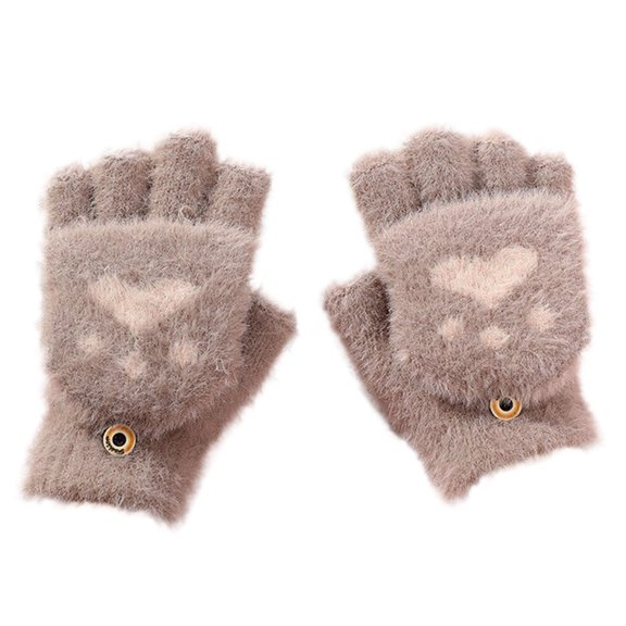 AWZXDE Winter Children's Half Finger Flip Cartoon Gloves for Students Thickened and Warm for Autumn and Winter Khaki,7-18 Years