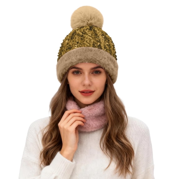 AWZXDE Winter Glitter Sphere Ear Cover Hat Thermal Winter Hats For Women Cold Weather Thickened Warm Knitted Cap Gold