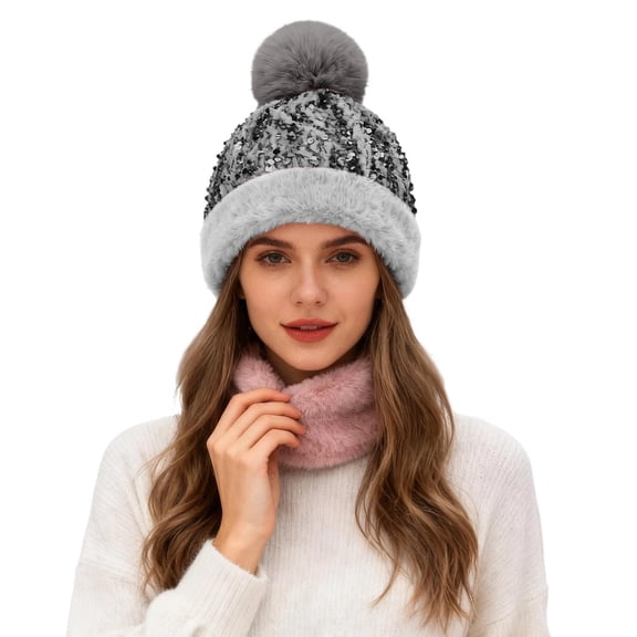 AWZXDE Winter Glitter Sphere Ear Cover Hat Thermal Winter Hats For Women Cold Weather Thickened Warm Knitted Cap Light Gray
