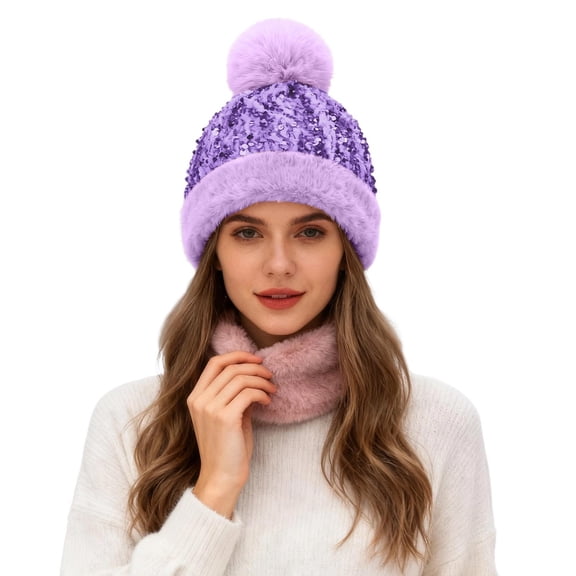 AWZXDE Winter Glitter Sphere Ear Cover Hat Thermal Winter Hats For Women Cold Weather Thickened Warm Knitted Cap Light Purple