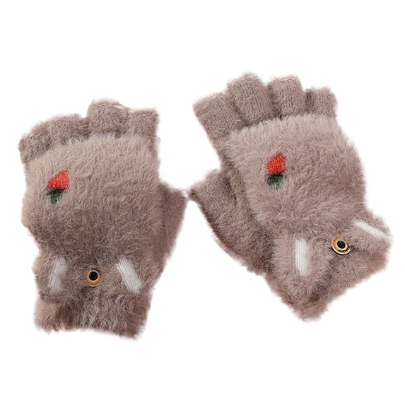 AWZXDE Winter Half Finger Flip Gloves for Students Children Thickened Warm Mittens Autumn Cartoon Design