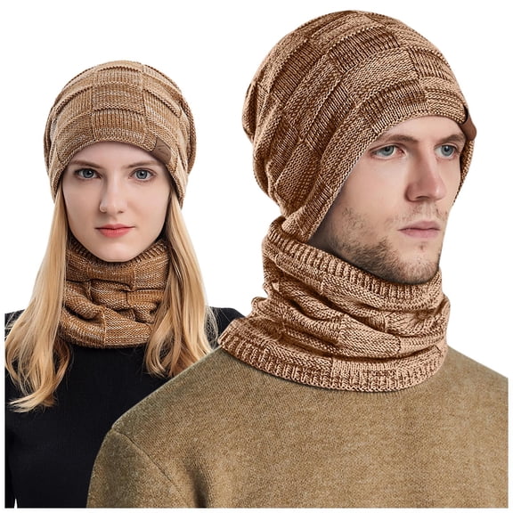 AWZXDE Winter Hats For Men And Women Knitted Hood Scarf Set Integrated Neck Warmer Windproof Thickened Lined Warm Khaki
