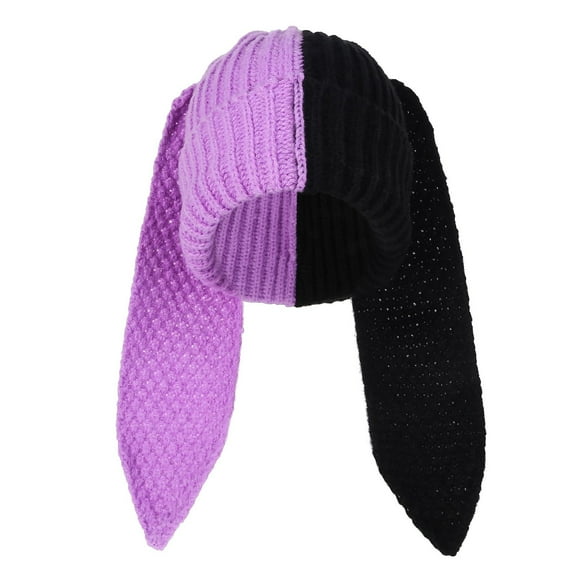 AWZXDE Winter Hats For Women Cute Crochet Hat With Long Rabbit Ears Color Block Design Warm Knitted Beanie For Leisure Purple