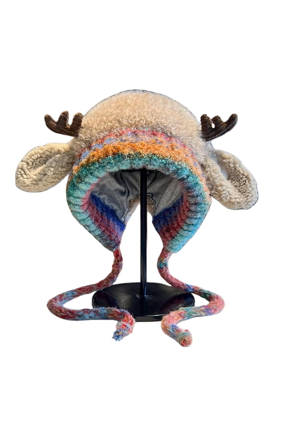 Winter Hats For Women Deer Horn Design Soft Knit Ear Cover Cap With Tie Windproof Thermal Hats For Women For Outdoor Khaki