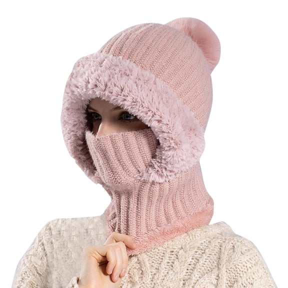 AWZXDE Winter Hats For Women Knitted Integrated Hat Scarf And Face Piece Windproof Warm Cap For Cycling Outdoor Cold Weather Pink