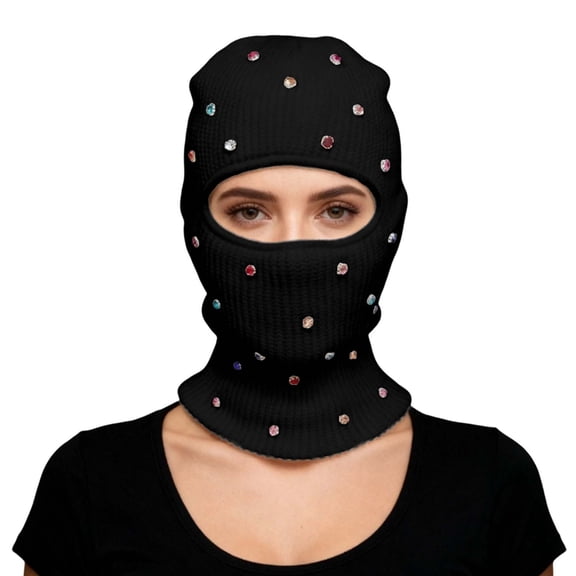 AWZXDE Winter Hats For Women Rhinestone Knitted Full Face Hat Warm Ear Protection Windproof Snood Integrated Design Black