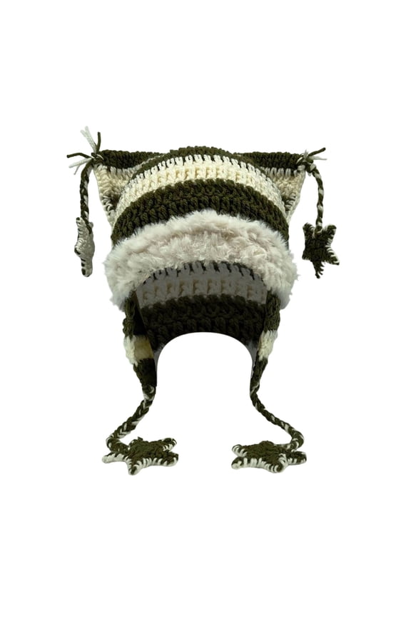 Winter Hats Unisex Knitted Beanie With Star Stripes And Cat Ear Braids Simple For Halloween And Daily Wear Green