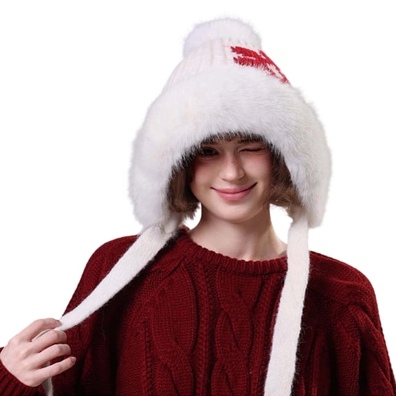 AWZXDE Winter Jacquard Hat With Large Furry Ear Warm Thick Knitted Winter Hats For Women Cozy Design Light Yellow