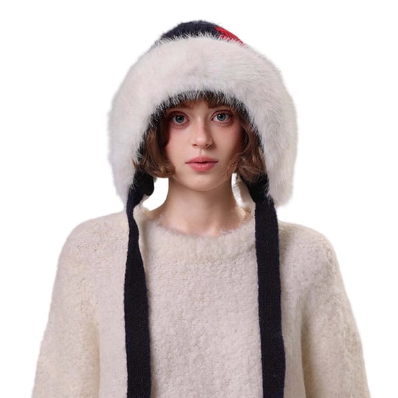 AWZXDE Winter Jacquard Hat With Large Furry Ear Warm Thick Knitted Winter Hats For Women Cozy Design Navy