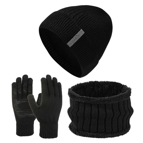 AWZXDE Winter Knit And Warm Three Piece Set for Men and Women - Woolen Hat and Bib Gloves Combination Black,One Size