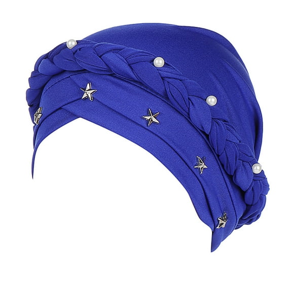 AWZXDE Women Beaded Star Braid Turban Style Cap Headwrap Stretchy Decorative Liner Blue