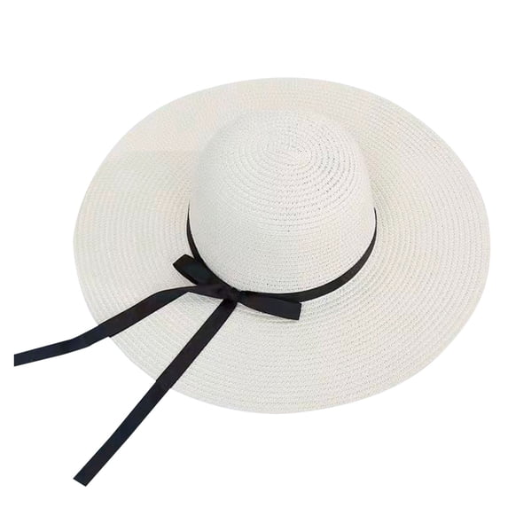 AWZXDE Women Big Brim Floppy Straw Beach Hat with Bowknot Packable Sun Hat Summer White