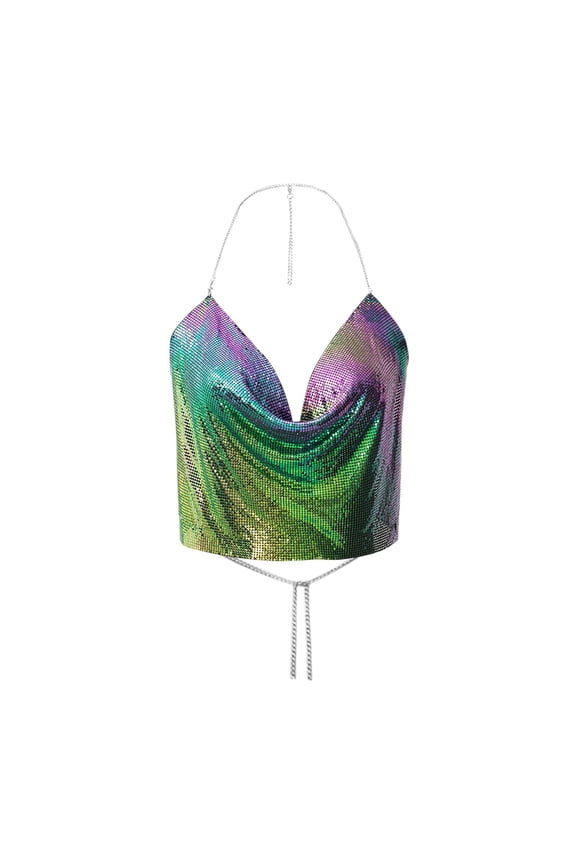 Women Colorful Sequin Halter Neck Top Low Cut Crop with Ruffle Detail Glittery Halter Tops Partywear Army Green,L