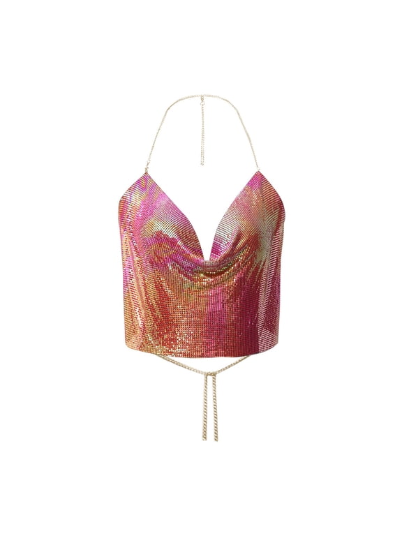 Women Colorful Sequin Halter Neck Top Low Cut Crop with Ruffle Detail Glittery Halter Tops Partywear Pink,S