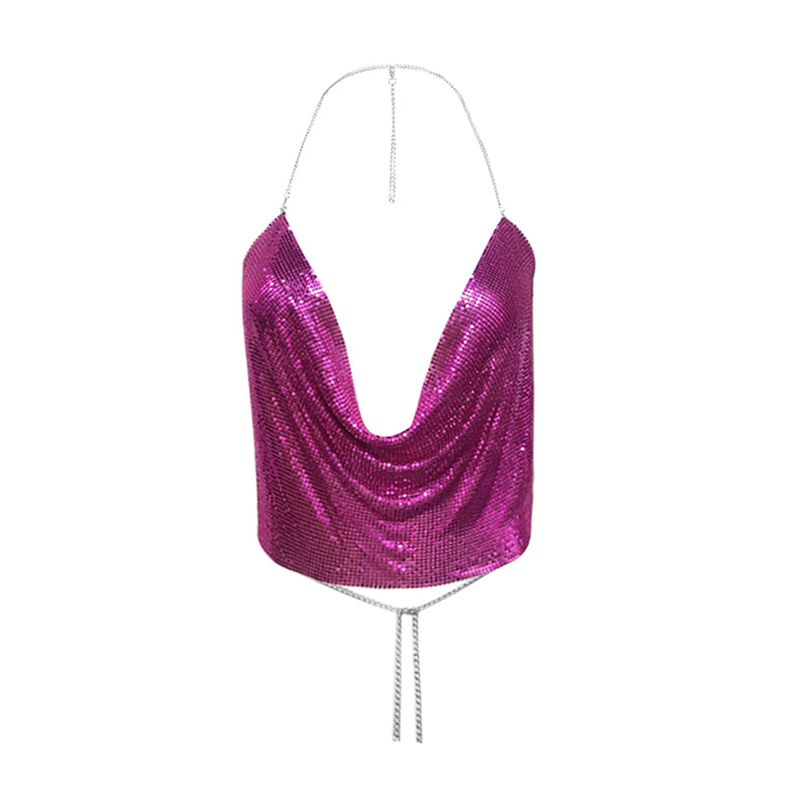 AWZXDE Women Colorful Sequin Halter Neck Top Low Cut Crop with