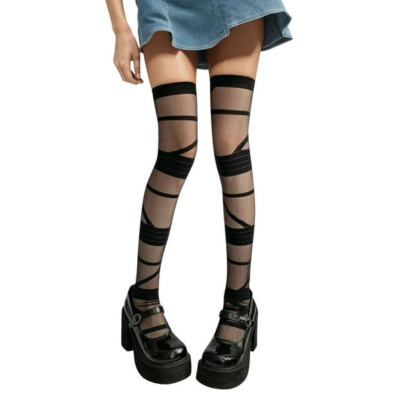 AWZXDE Women Fashion Solid Color Hollowed Out Random Strappy Fashion Long Over The Knee Thin Sheer Pantyhose for Stylish Occasions Black,One Size