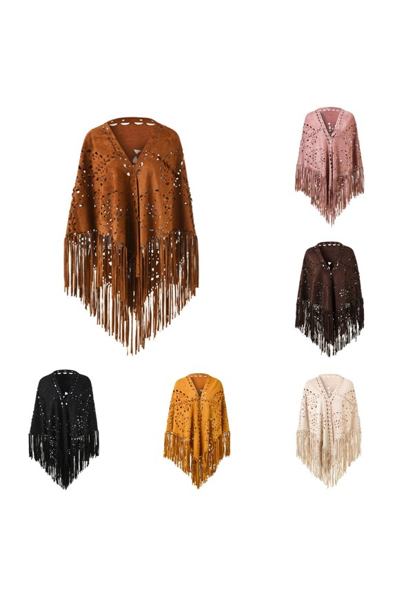 Women Loose Fringes Open Cape Poncho Scarf With Punch Pattern Graceful Shawl Dress Shawl Wrap Brown,One Size