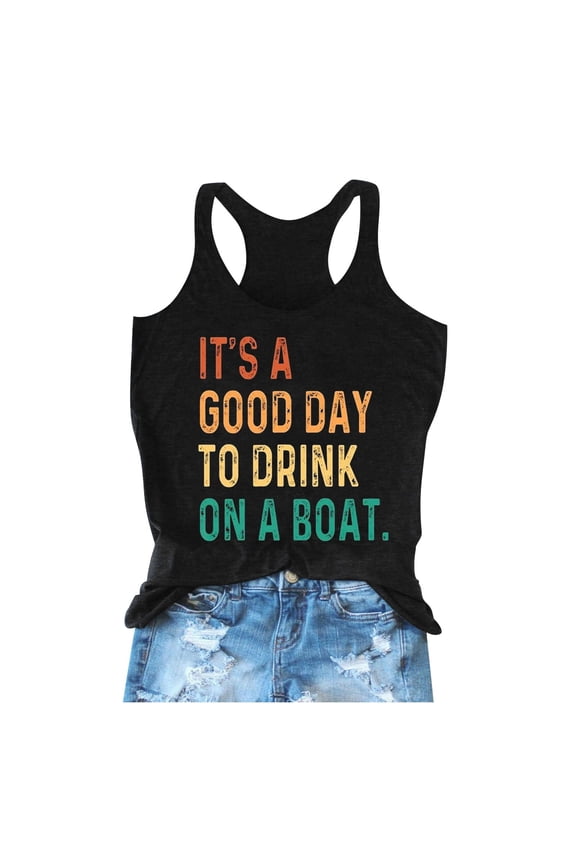 Women Sleeveless Tank Tops Summer Letter Print Design Round Neck Loose Casual Sporty Tee Breathable Comfortable Daily Wear Black,S