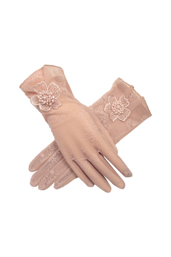 Women Solid Color Lace Pattern Thin Ice Silk Antiskid Breathable Short Sunscreen Gloves for Summer Pink,One Size
