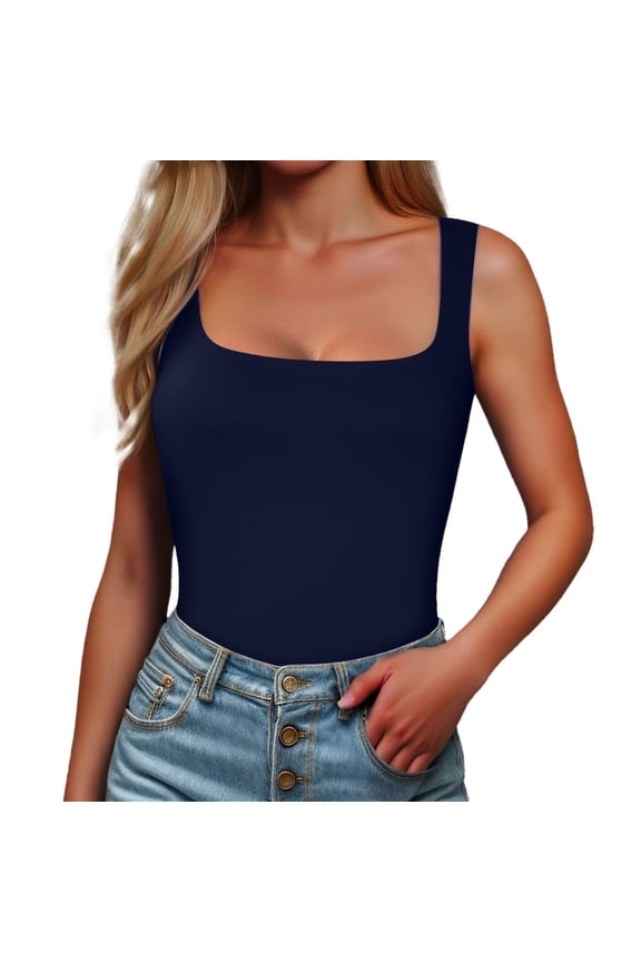 Women Solid Color Square Neck Ribbed Straps Sleeveless Off Shoulder Dressy Tank Tops For Women For Summer Going Out Navy,XS