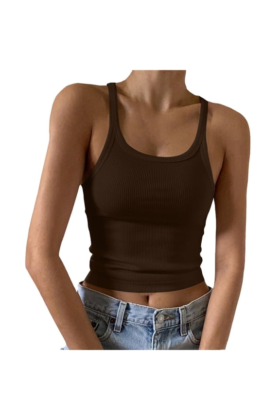 Women Solid Color Vertical Stripe Casual Halter Tank Top High Elasticity Skin-Friendly Comfortable Sporty Tops Brown,S